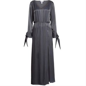Leith Gray Satin Split Sleeve High Slit Maxi Dress